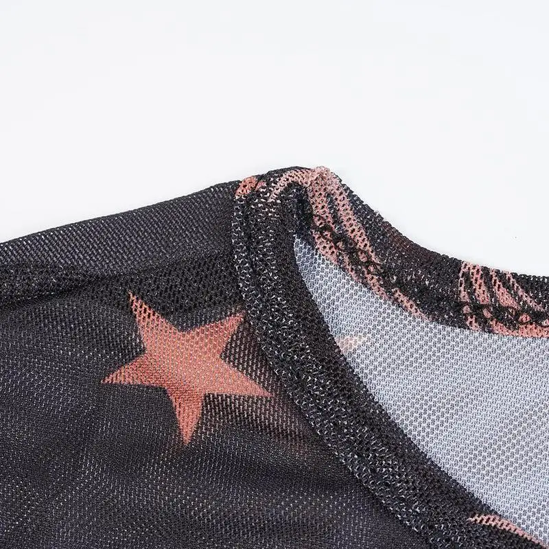 

Summer Hot Mesh Perspective T Shirts Women Girl Star Long Tops Sleeve Sexy T-shirt Tshirt Punk Sun Printed Korean feminina