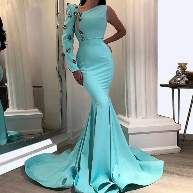 

Turquoise Muslim Evening Dresses Mermaid One-shoulder Long Sleeves Dubai Saudi Arabia Long Prom Dress Gown Robe De Soiree