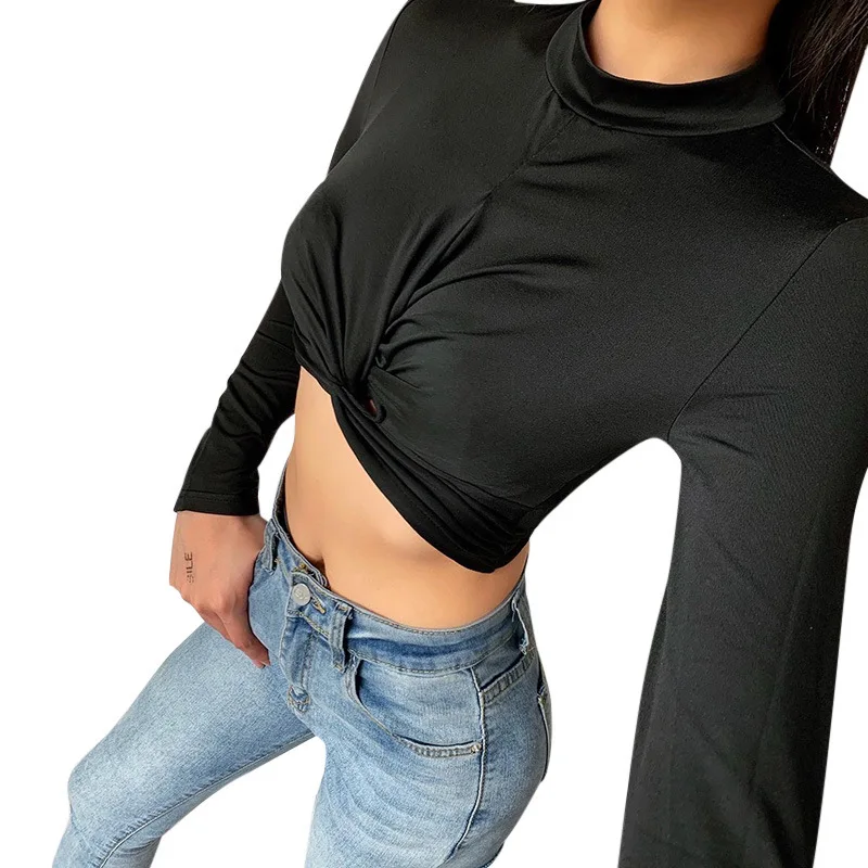 

autumn and winter new women sexy open navel design sense of solid color tight elastic bottomed shirt women's fashion