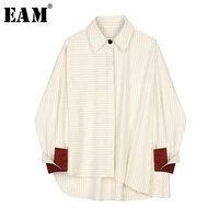 eam women beige striped split big size blouse new lapel long sleeve loose fit shirt fashion tide spring autumn 2021 1s388