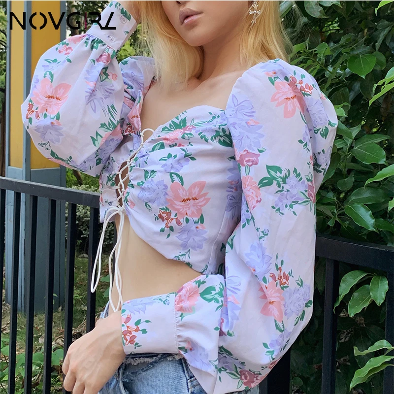 Novgirl/женские короткие топы на шнуровке с цветочным принтом коллекция 2019 года