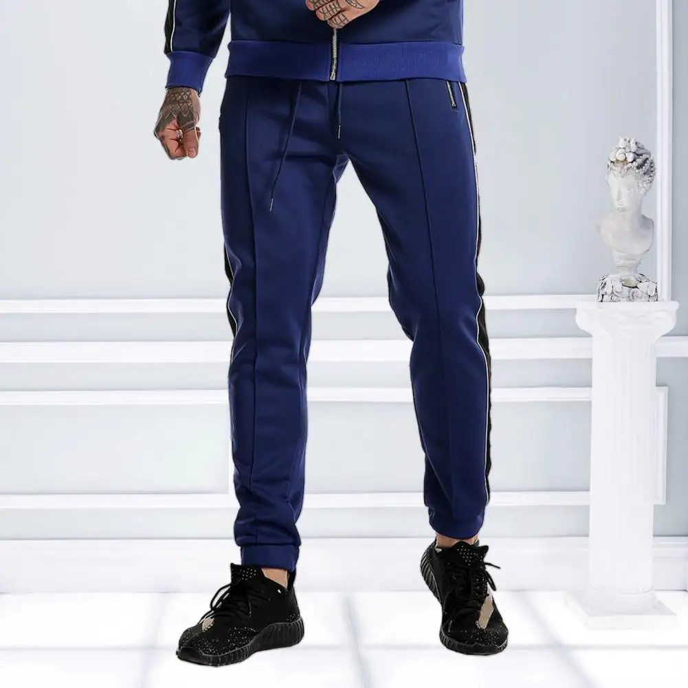 

Men Drawstring Zip Pockets Color Block Ankle Tied Long Trousers Jogger Pants