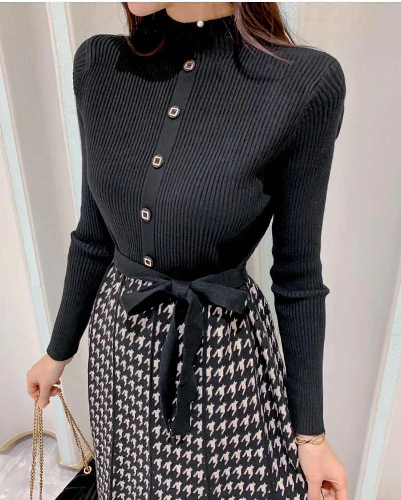 

2020 Autumn Winter Vintage Elegant Houndstooth Long Sleeve Knitted Patchwork Dresses Vestidos