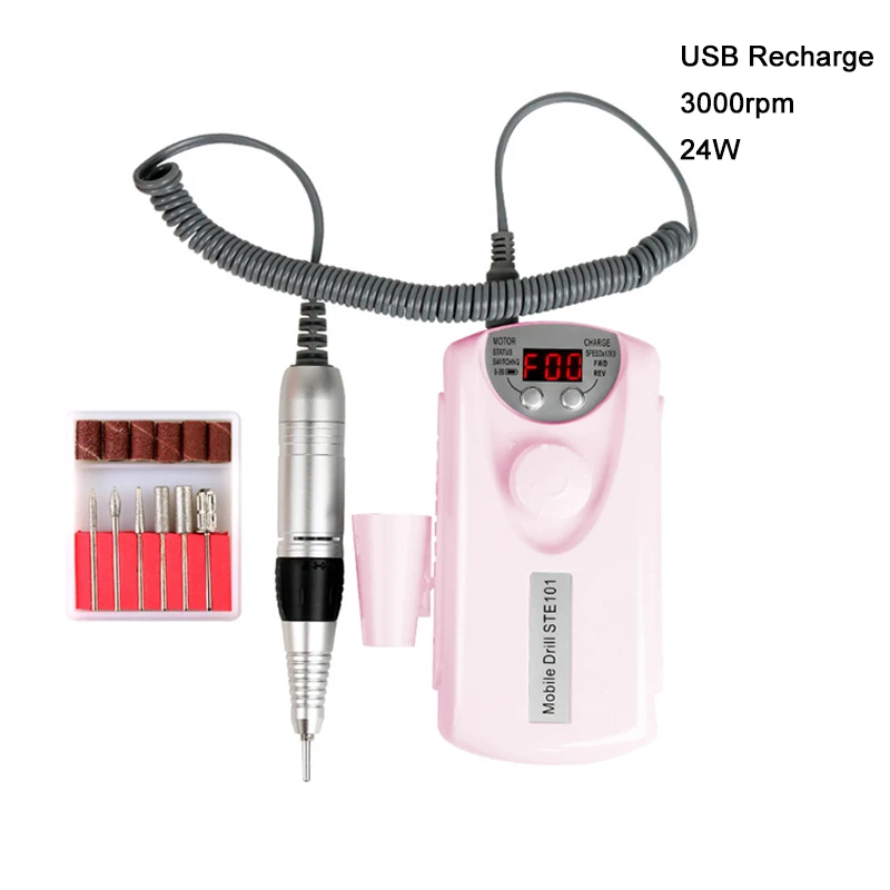 Pink EU Plug 30 Вт/24 Вт 30000 об/мин Электрическая дрель для ногтей, маникюрный аппарат, педикюрный набор, портативные аккумуляторные беспроводные маникюрные сверла, инструменты для полировки ногтей - Цвет: Pink EU Plug