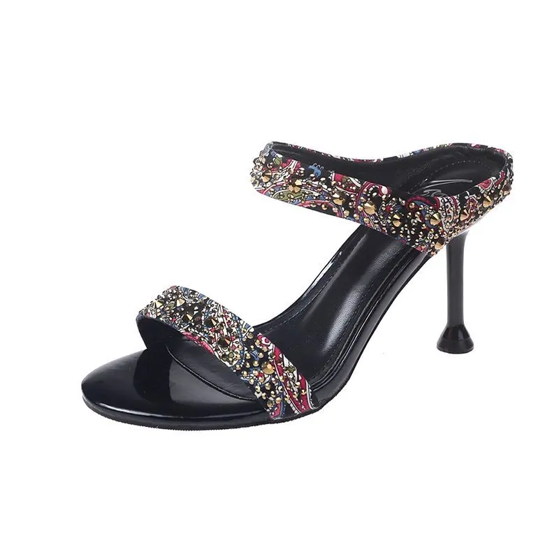 

Shoes Woman 2021 Lady Slippers Casual Pantofle Thin Heels Heeled Mules Girl Luxury New Summer High Bling Sexy Fashion PU Fabric