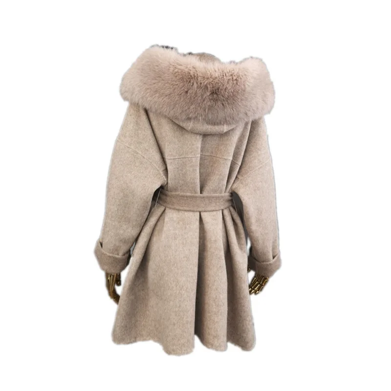

2020 Brand famous Real Cashmere woolen Coat With real Fox Fur Hoodie real fur Coats