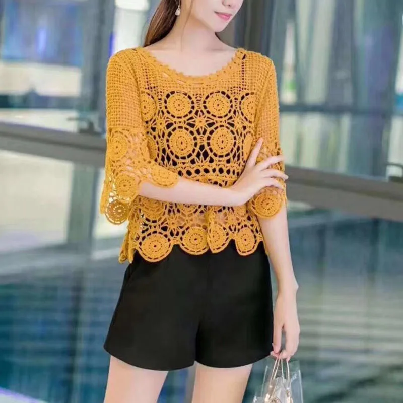 Seoaf элегантная кружевная открытая короткая блузка в Корейском стиле с коротким