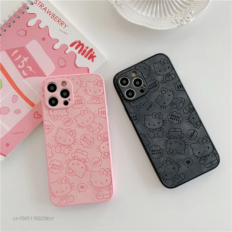 sanrio cartoon hello kitty leather mobile phone case for apple iphone 13 12 11 pro max xs x xr 7 8 plus cover luxury cases women free global shipping
