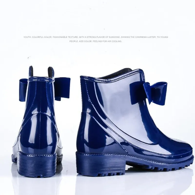 

Rouroliu Bowtie Ankle Rain Boots Women Flat Heels Non-slip Glossy Rainboots Waterproof PVC Woman Water Shoes Wellies TS119