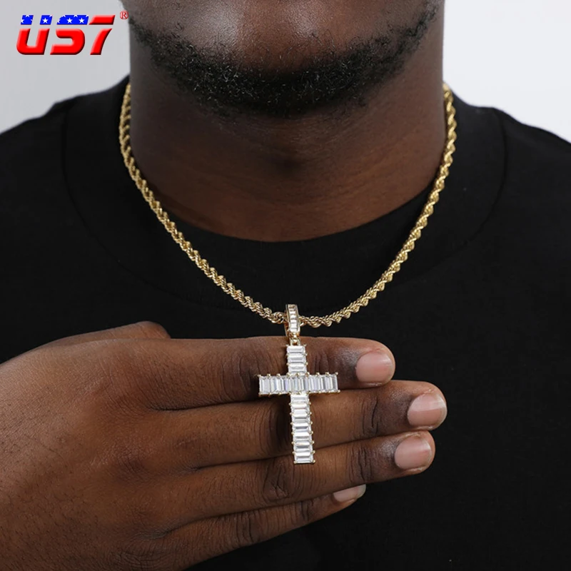 

Ожерелье с кулоном в виде багета, кубинского теннисного Креста, золотого цвета, с фианитами AAA, для мужчин и женщин, в стиле хип-хоп, рок, ювели...