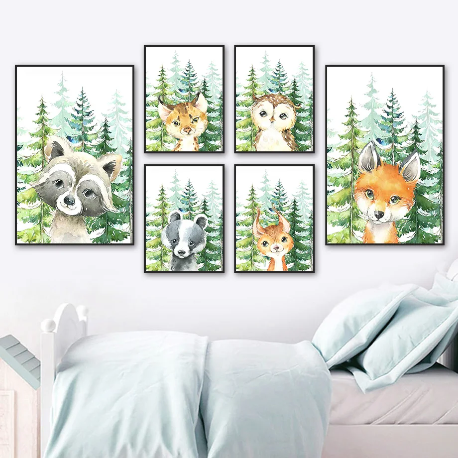 

Cartoons Raccoon Fox Owl Bear Forest Animal Wall Art Canvas Painting Nordic Posters And Prints Wall Pictures Kids Room Decor