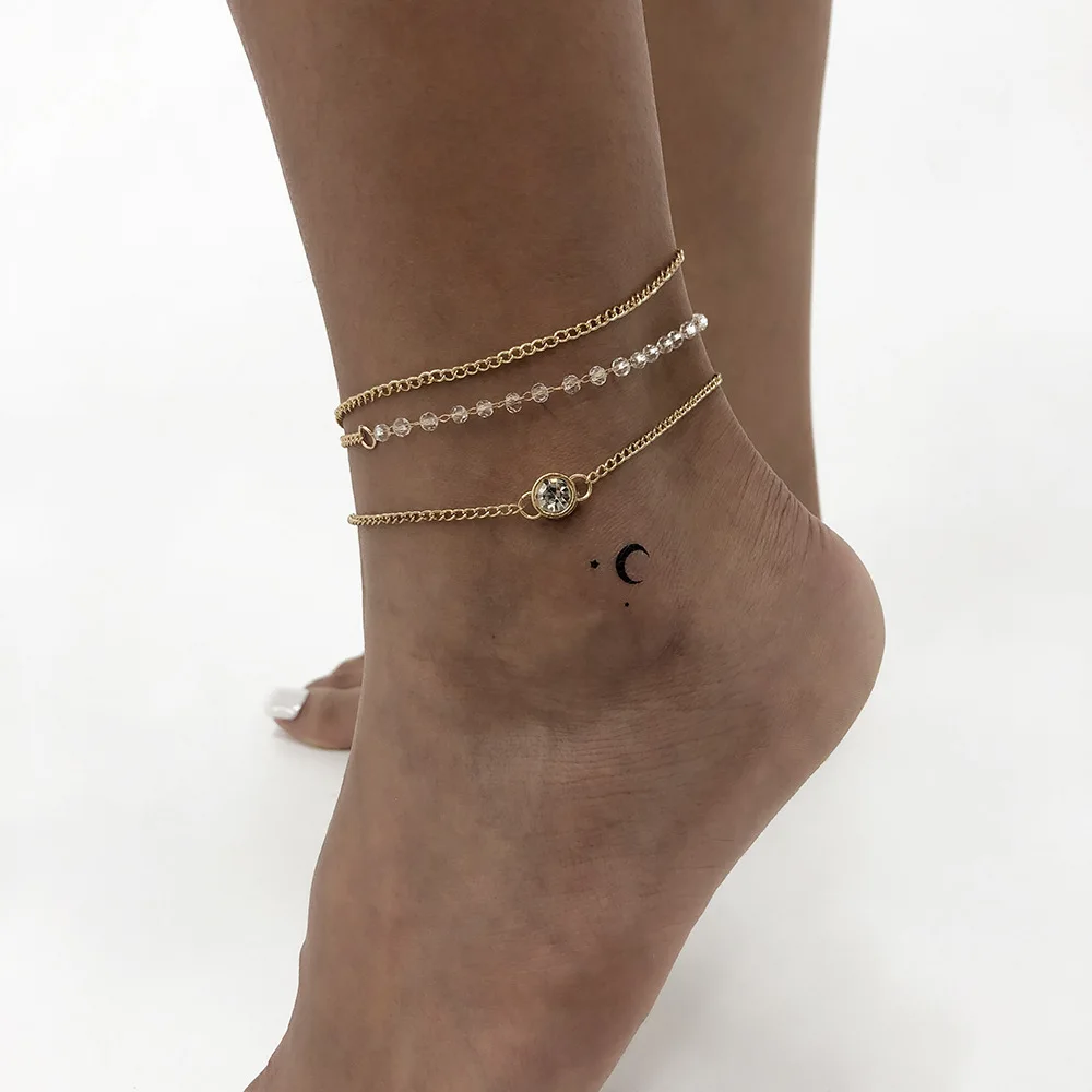 

Stackable Chain Anklet Gold Crystal Ankle Bracelet Three Layered Metal Rhinestone Strap Fashionable Boho Jewelry Tornozeleiras