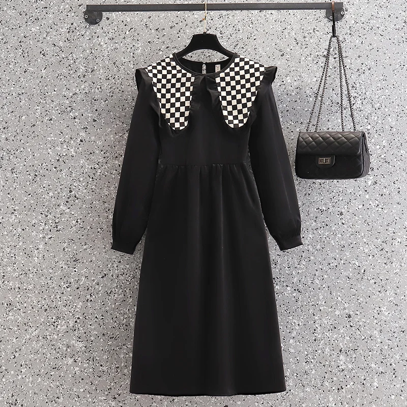 

4XL plus size women autumn winter loose plaid dress autumn winter 2021 long sleeve Patchwork casual fashion dresses female