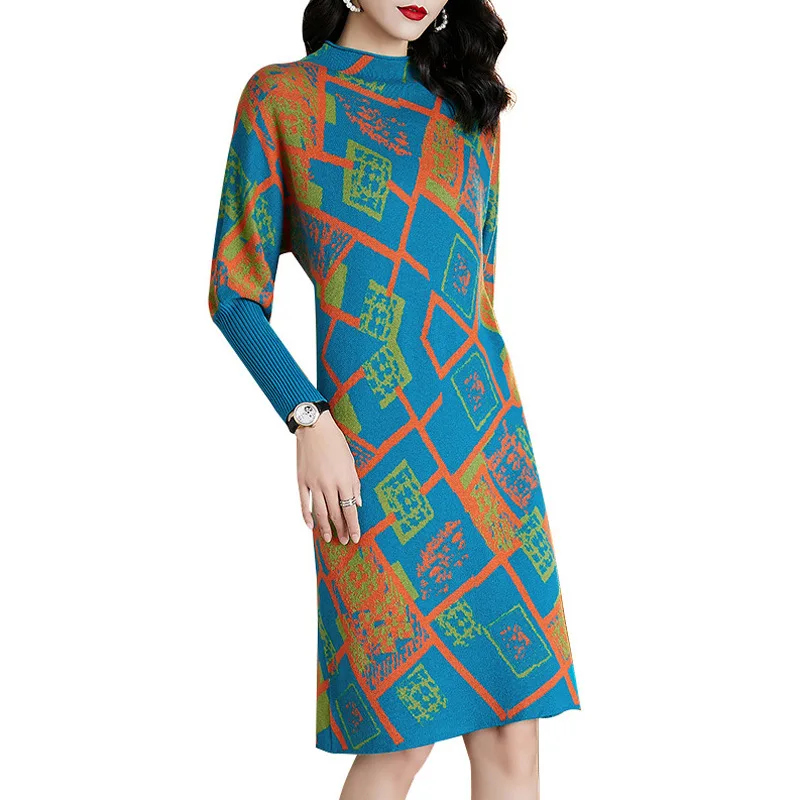

Fashionable Printed Knitted Dress for Women Autumn and Winter New Loose Slimming Temperament Mid-Length Sweater Bottoming Skirt