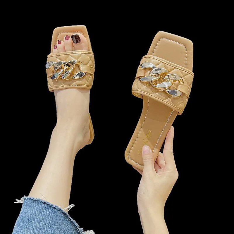 

Slippers Women Summer Shoes Slides Rivet Pantofle Fashion 2021 Luxury Flat Metal Decoration Basic PU Shoes Woman's Slippers Luxu