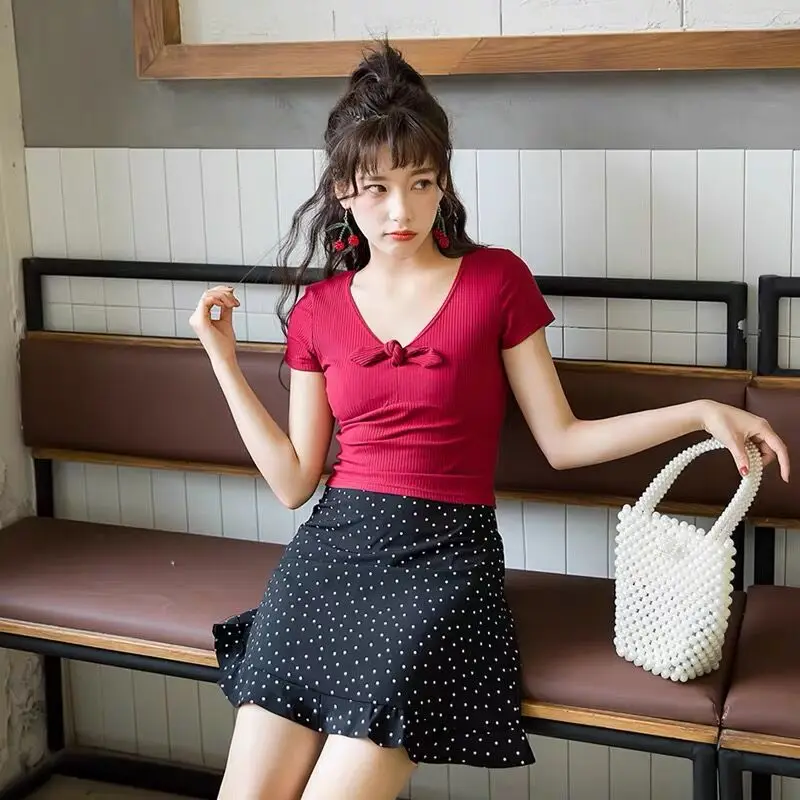 2020 милый женский комплект из топа и юбки пуловер с бантом короткий красный свитер