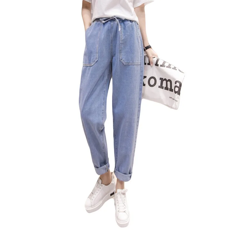 Джинсы женские Мешковатые с высокой талией на резинке шнуровке | Женская одежда