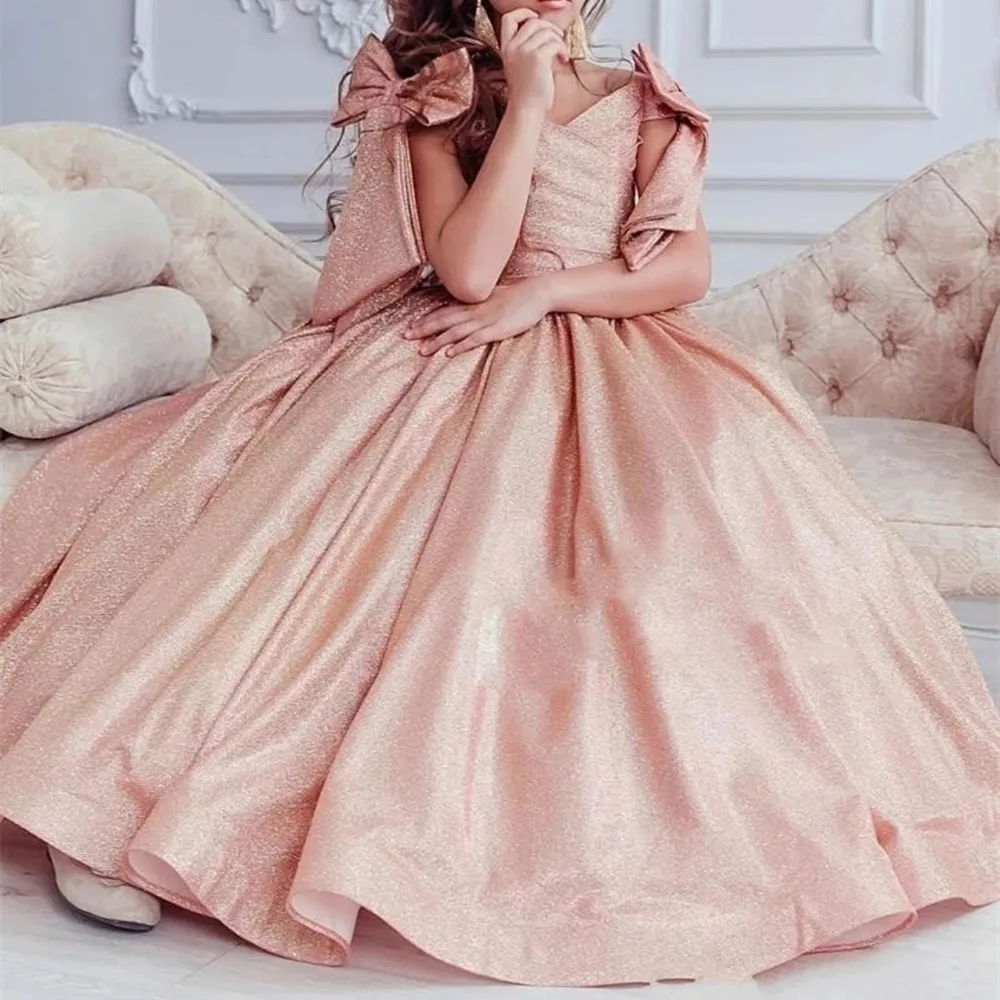 

Pink Special Occasion Flower Girl Dresses for Wedding Cute Shiny Formal Long Pageant Gowns For Girls with Bows