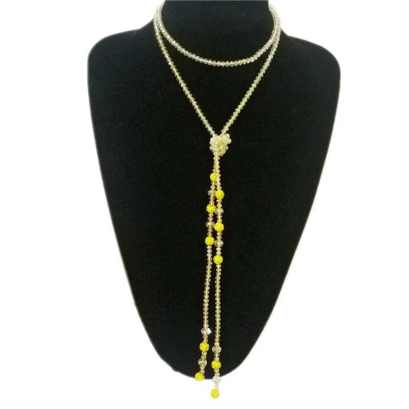 Женское колье с помпоном Boho длинное ожерелье разноцветными кристаллами и