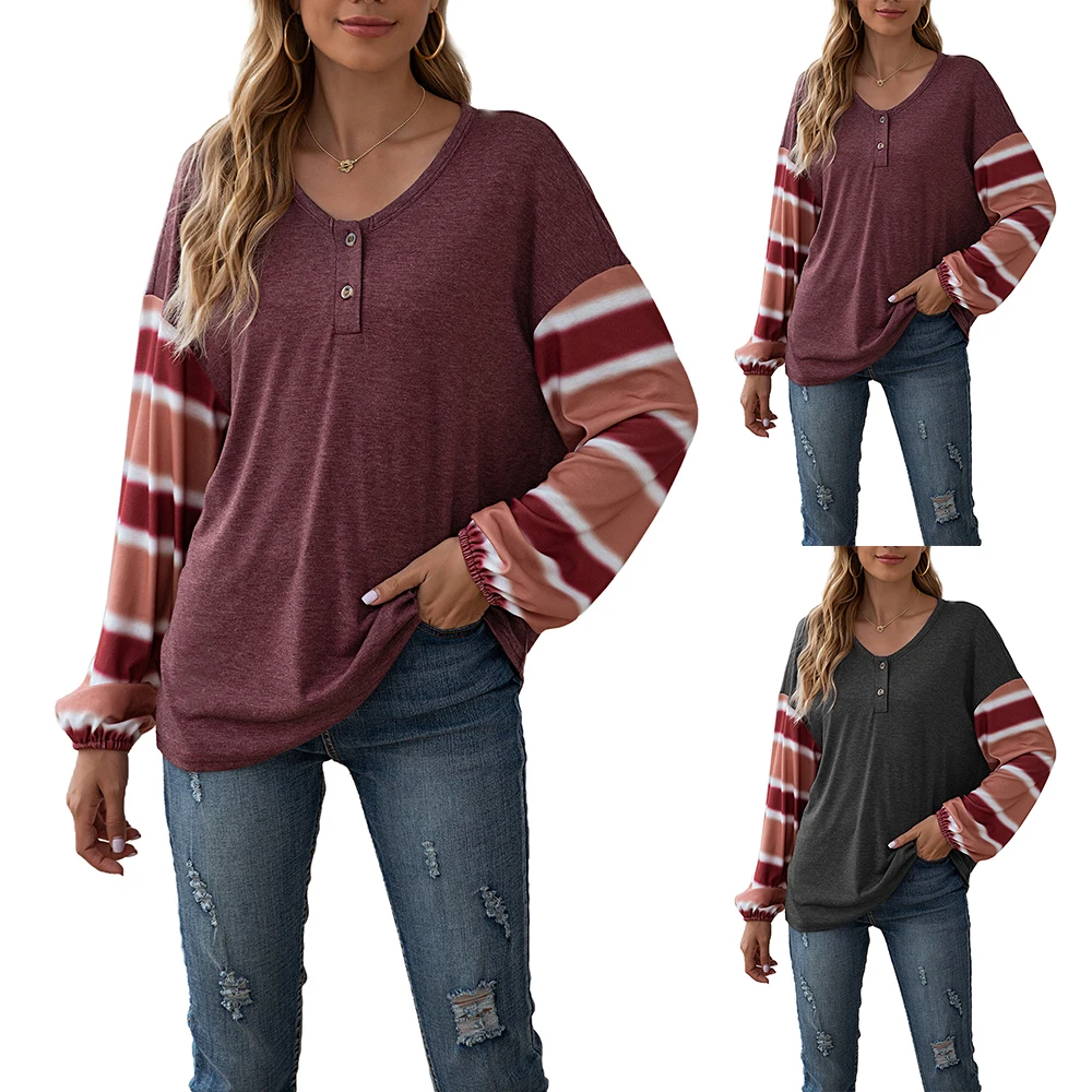 

Women Striped Long Sleeves Crew Neck Ladies Casual Striped T-shirt Ladies Pullover Sweatshirt Tops Sleeves Loose Wearing Clothes
