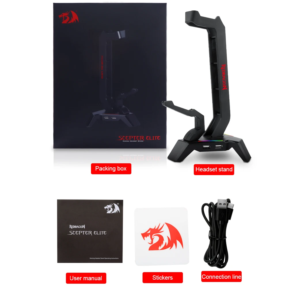 

Redragon SCEPTER ELITE HA311 RGB Headphones Stand with 4 USB 2.0 HUB Ports,Headphone Holder for Gamers Gaming computer PC Desk