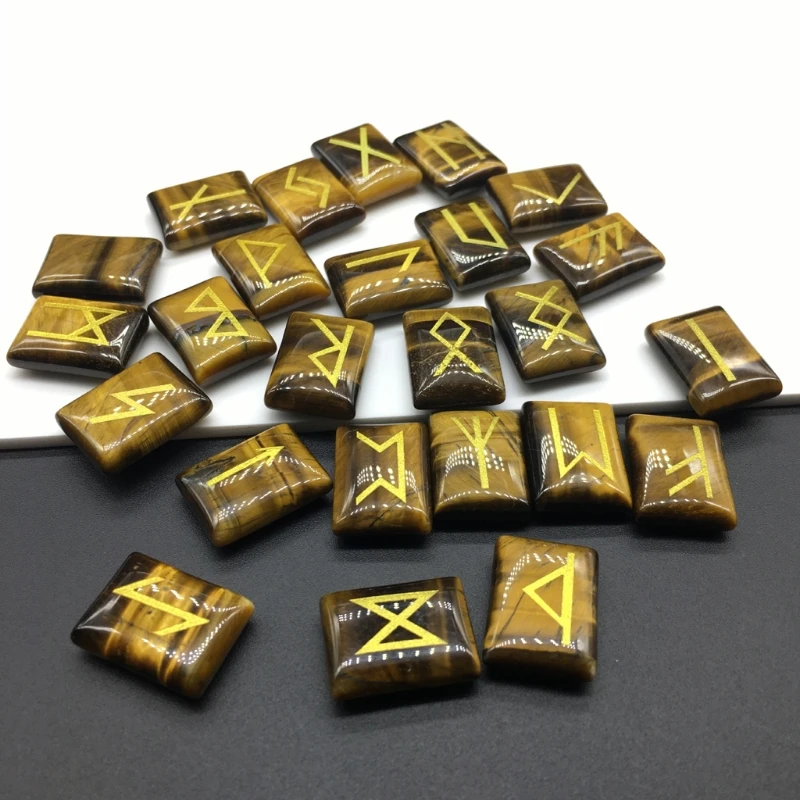 

H053 25Pcs Tigereye Healing Gemstone Rune Stones Engraved Elder Futhark Rune Set Meditation Divination Healing Chakra Reiki