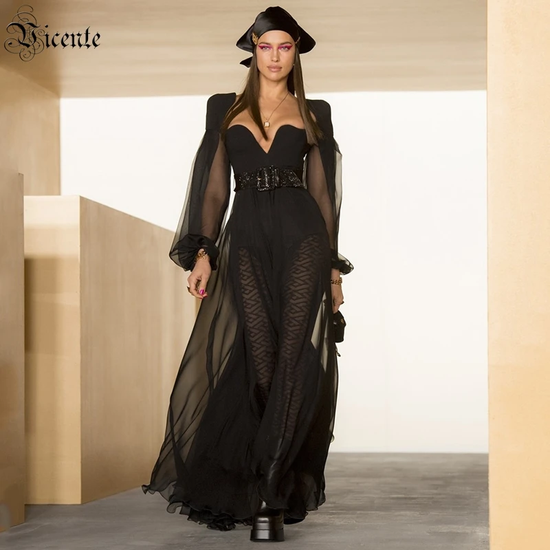 

Длинное шифоновое платье VC, подиумное платье с оборками, сексуальное платье с V-образным вырезом, поясом и пышными рукавами, весенне-осеннее платье с длинными рукавами