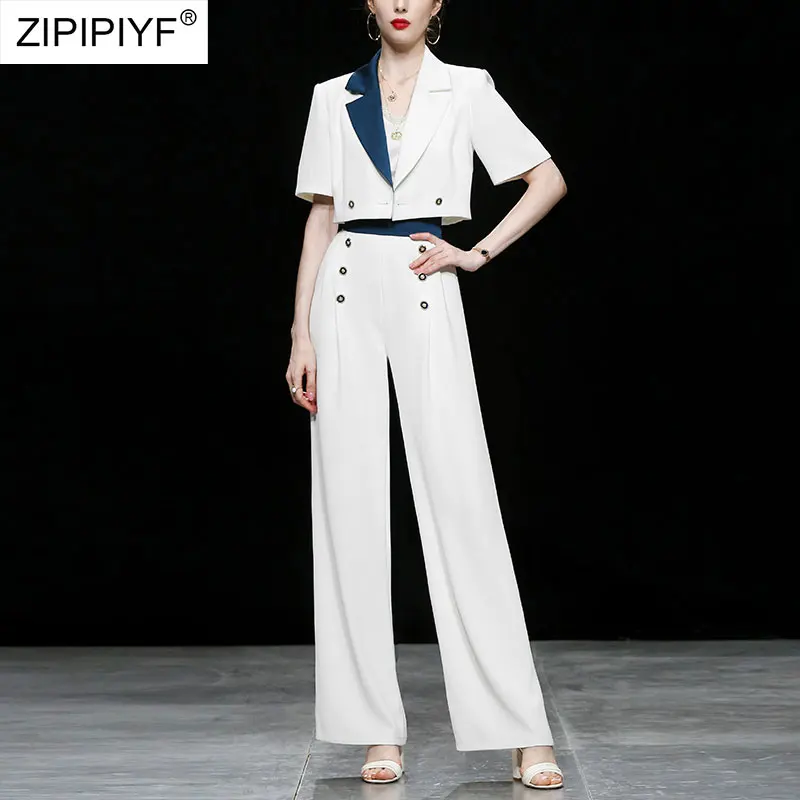 

2021 Summer Runway Fashion Turn Down Neck Short Sleeve Double Breasted Cropped Blazers High Waist White Color Loose Pants Z437