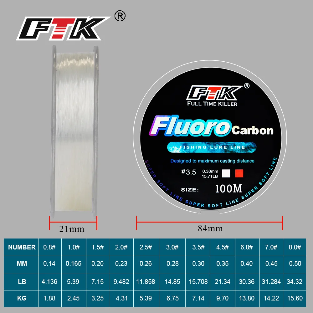 FTK Fluorocarbon Fishing Line 100M 4-34LB Carbon Fiber Leader Line Fly Fishing Wire Monofilament Carp Wire Nylon Leader Line