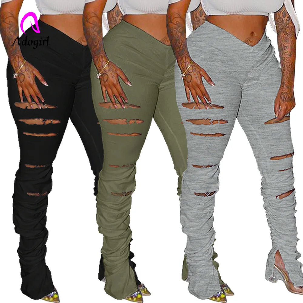 

Distressed Women Flare Pants Joggers High Waist Pleated Trousers Stacked Sweatpants New Fitness Ruched Pants Hole Sport Leggings