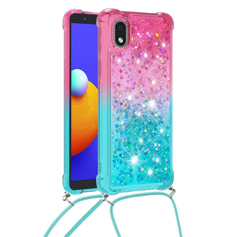 

Clear Glitter Quicksand Phone Case For Samsung Galaxy A01 Core Crossbody Lanyard Necklace chain Dynamic Liquid Rainbow Cover