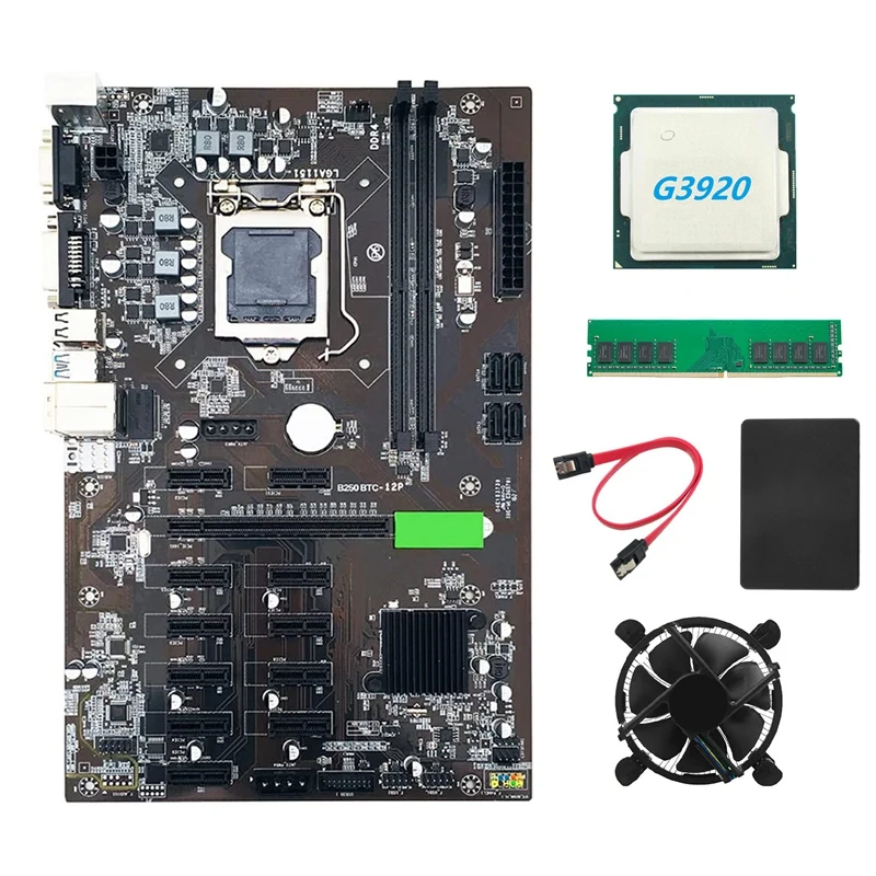Материнская плата для майнинга B250 BTC с ЦП G3920 + вентилятор DDR4 4 Гб 2666 МГц ОЗУ 128G SSD