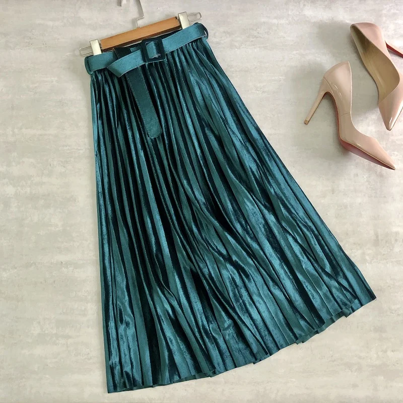 Женская плиссированная юбка средней длины с поясом бархатная офисная до