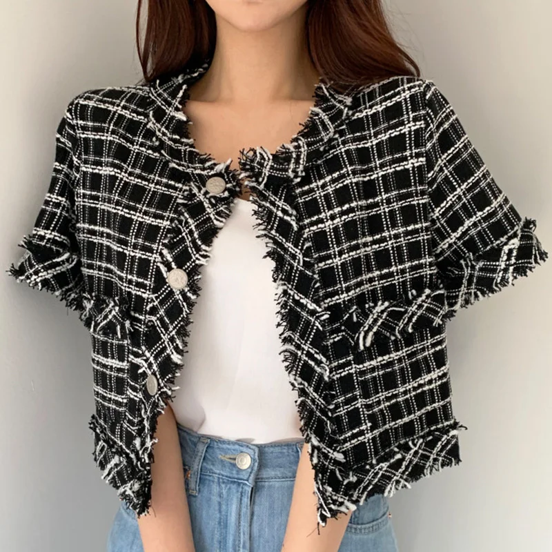 

single Korean chic foreign neck style round breasted fringes loose thin tweed jacket for women