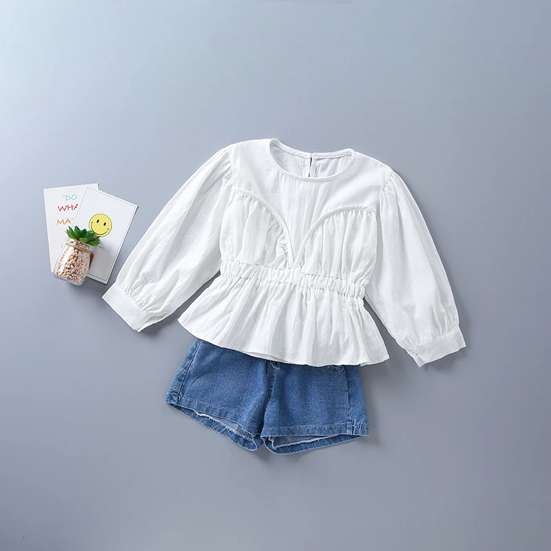 

2-7 years high quality girl clothing set 2020 new autumn casual tiered ruched solid shirt + denim pant kid children clot