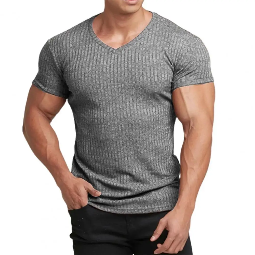

2021 V Neck Short Sleeve T Shirt Men Fitness Slim Fit Sports Strips T-shirt Fashion Tees Tops Summer Knitted