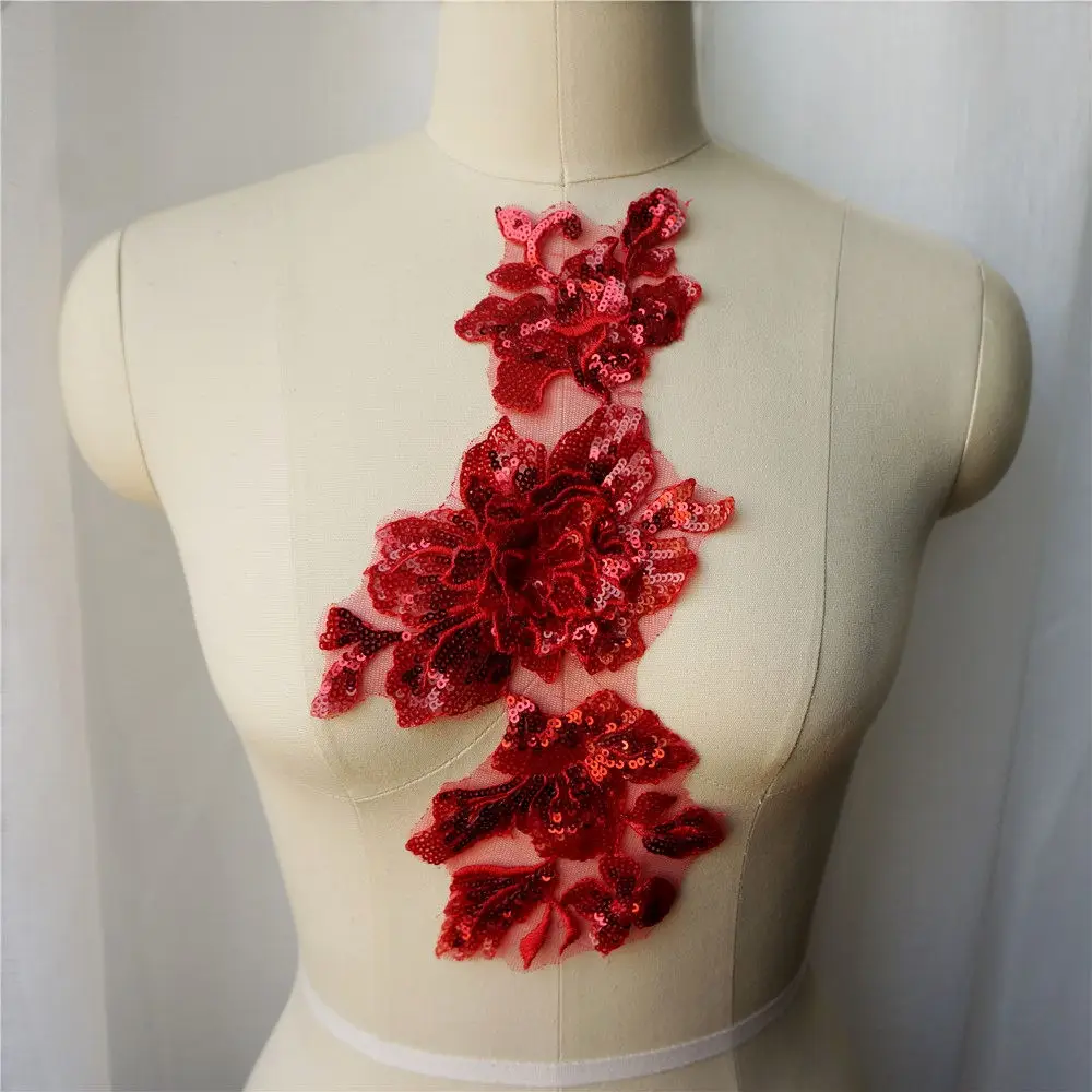 Красный цветок блесток кружева ткань воротник вышитое платье Аппликации сетки