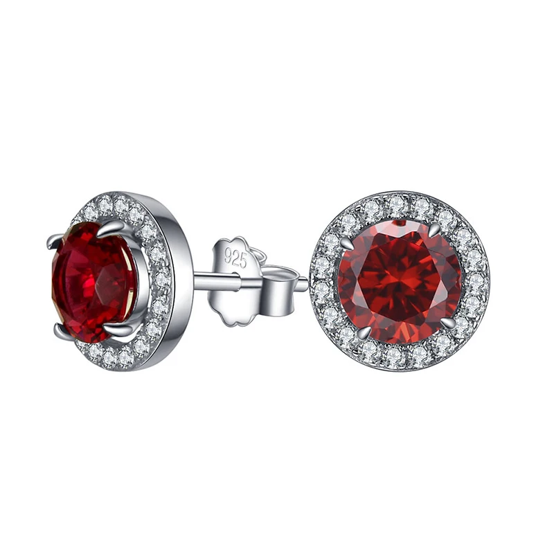 

Fashion 925 Sterling Silver Red Halo Round Stud Earring Silver Elegant Stud Earring Women Engagement Wedding Party Jewery Gift