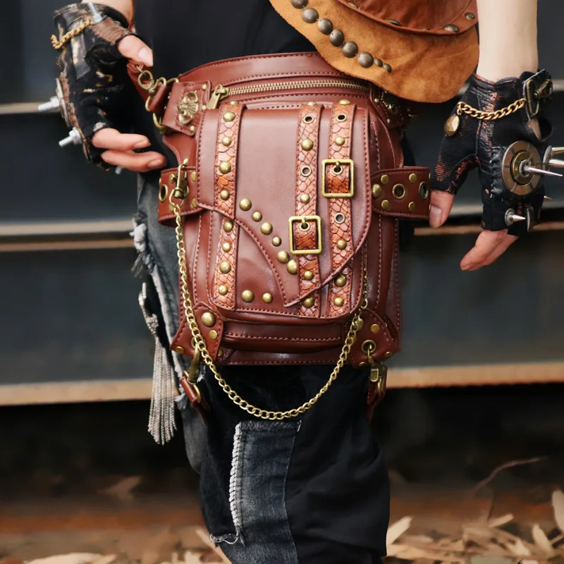 

Unisex Pocket Rivet Waistbag Messenger Bag SteamPunk Hip Hop Femme Women Hiking Waist Bag Men Backpack PU Leather Travel Leg Bag