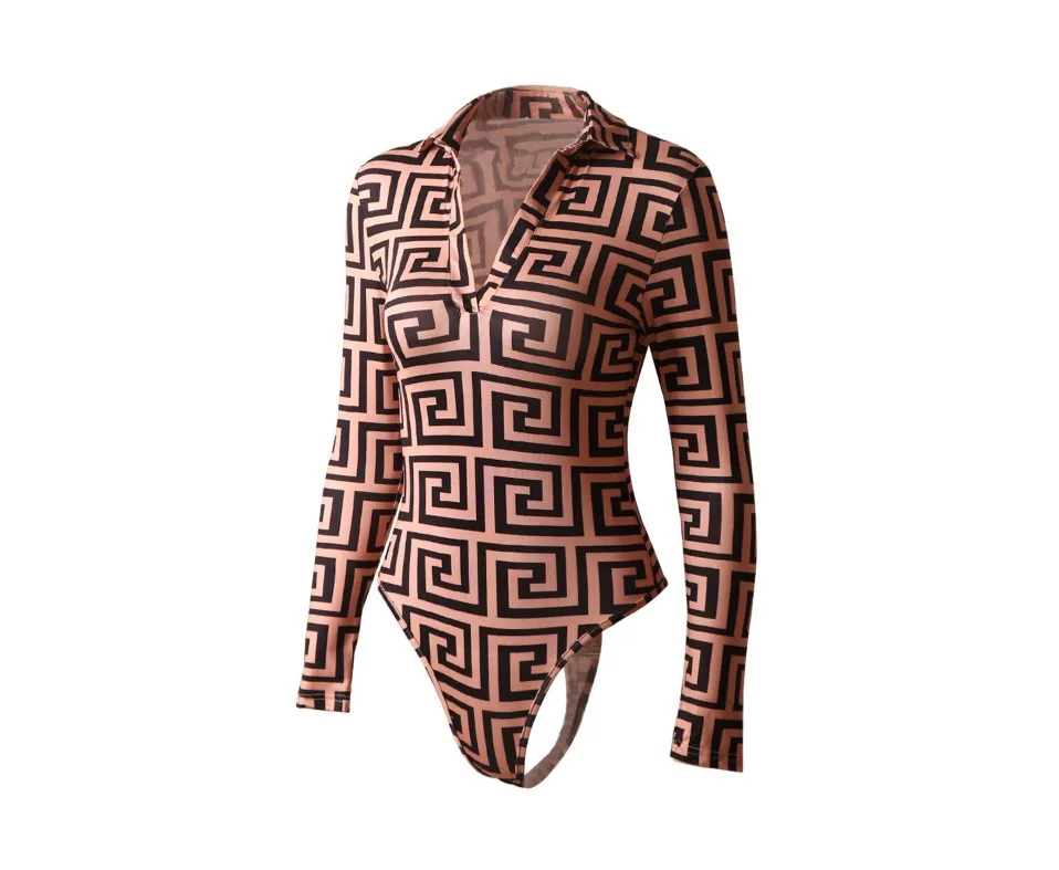 

women's ms sexy jumpsuit jumpsuit long-sleeved palace printing jumpsuit frock v-neck