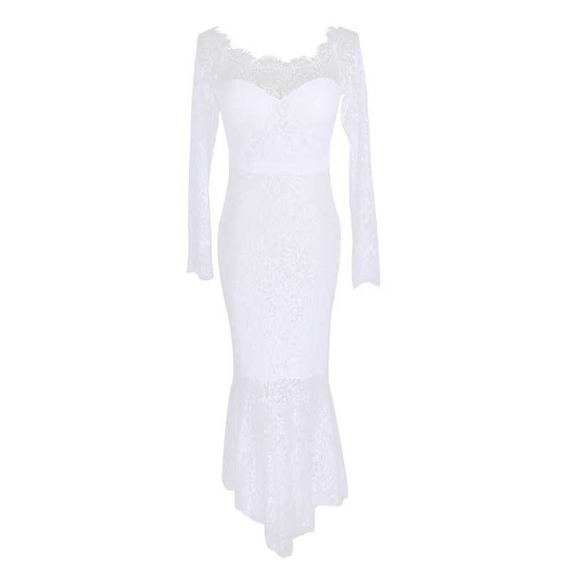 

European and American Sexy Fishtail Dress Horizontal Neck off-Shoulder Long-Sleeved Lace Popular Women's Dress