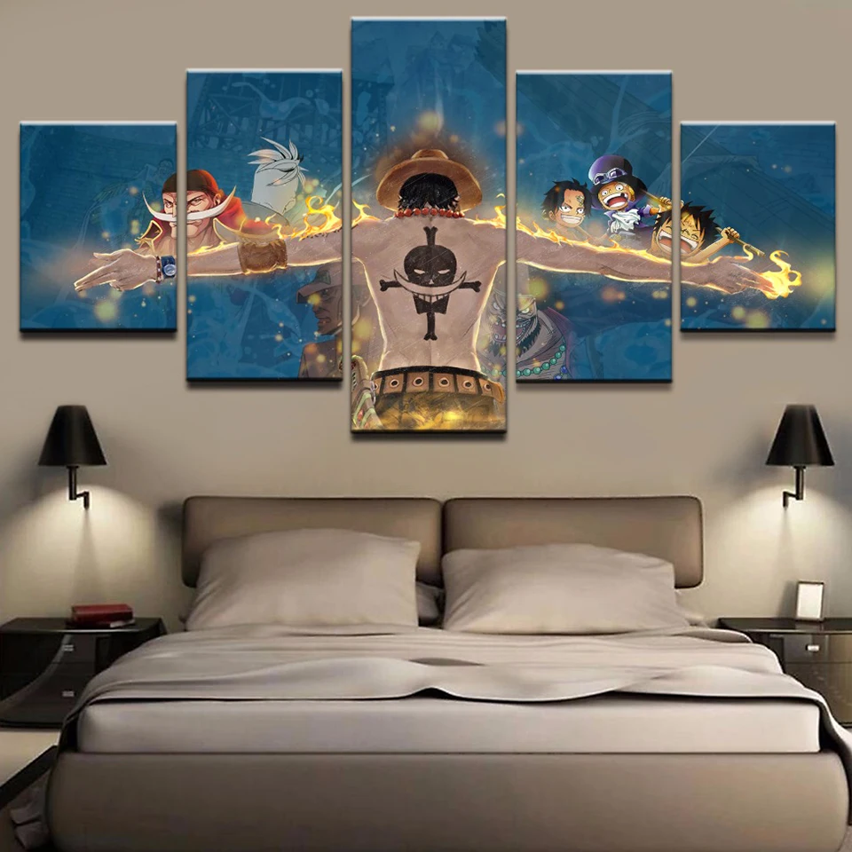 

5 Panel Anime Cuadros Fire Fist Ace Wall Art Posters Canvas Pictures HD Prints Paintings Home Decor For Living Room Decoration