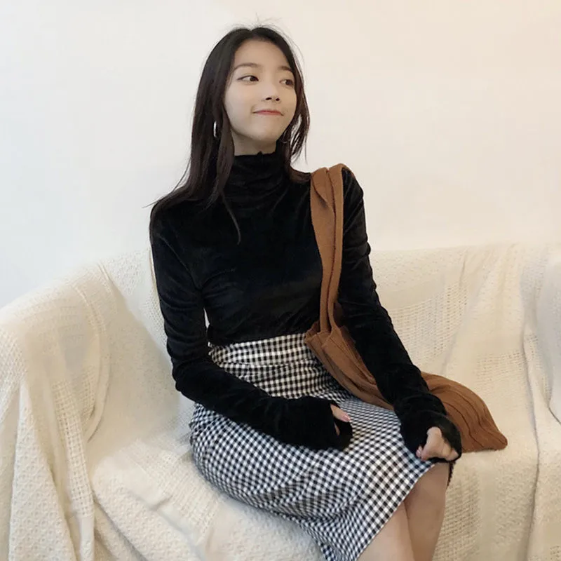 Водолазка бархатная Женская футболка с длинным рукавом пуловеры однотонные