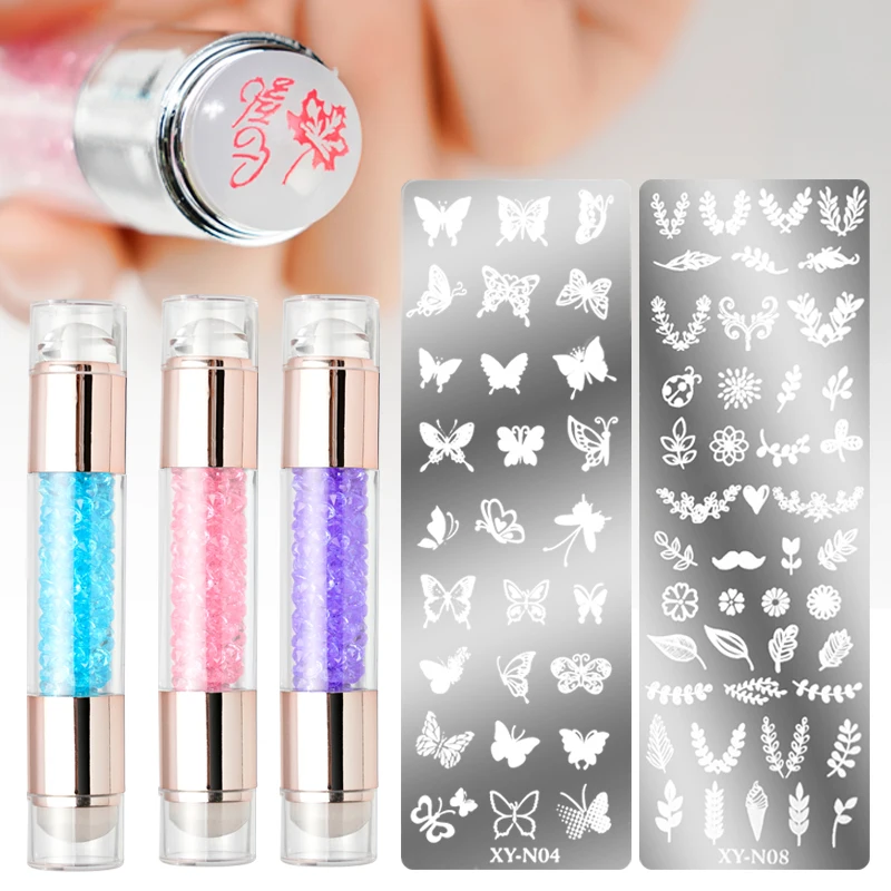 

1Set Double Head Silicone Stamper Pen+Plate+Scraper Random Template Transfer Print Scraper Nail Art Stencil Tool Stamper Kit 43