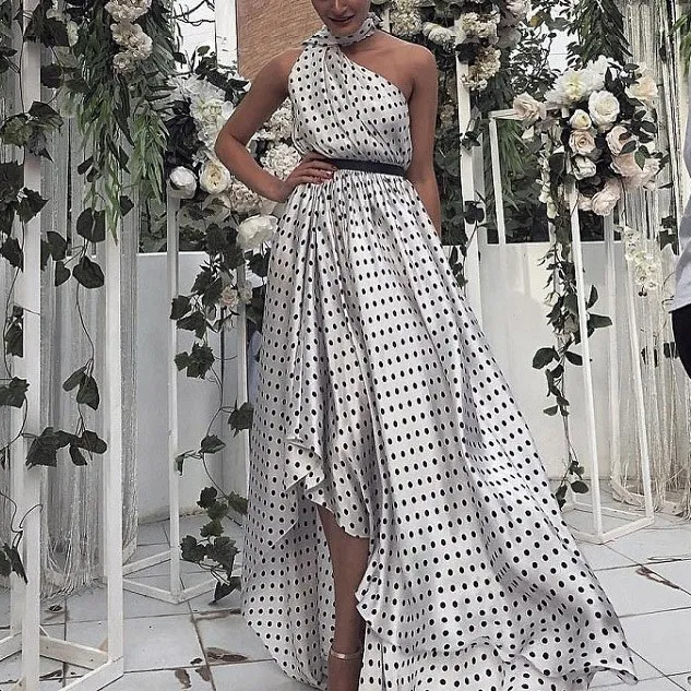 Летнее Сексуальное Женское Платье с лямкой на шее в горошек макси повседневное