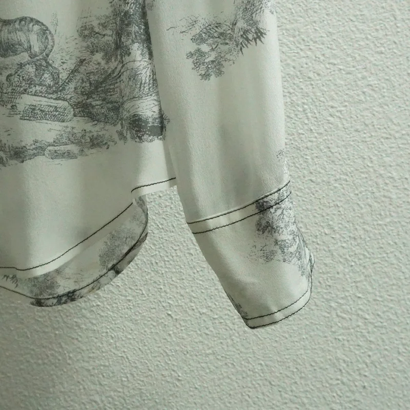 

Spring Autumn Women's 100%Silk Shirts Top High quality fashion printed long sleeves pockets Shirt blouses C767