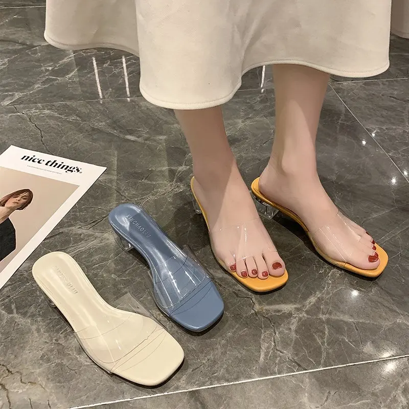 2021 чистый красный прозрачный толстый каблук с кристаллами женские шлепанцы