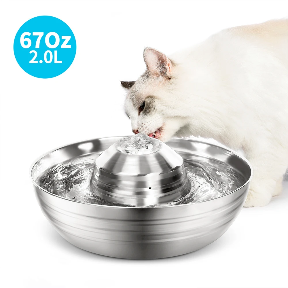 

Cat Water Fountain Stainless Steel 2L/67oz Easy Assemble and Clean Ultra-Quiet Quadruple Filtration Pet Water Feeder