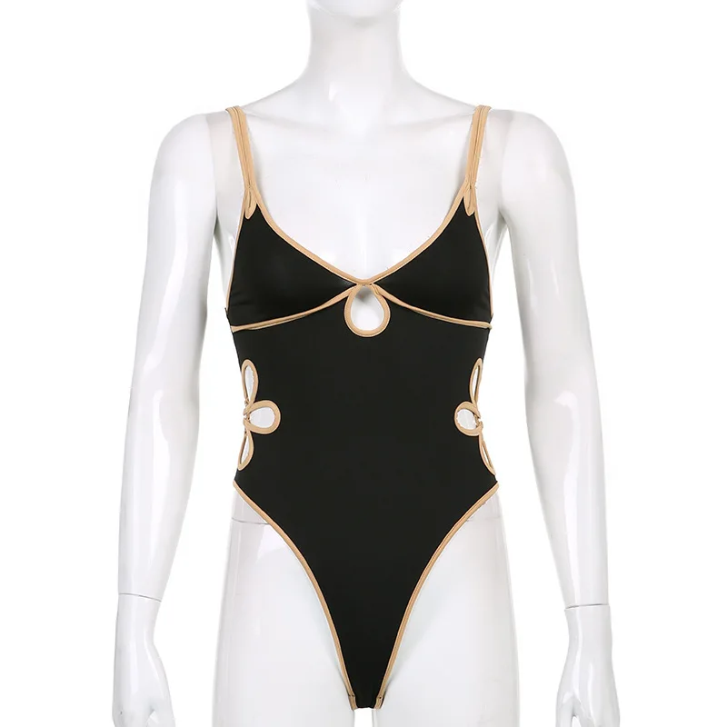 

Women Black Bodysuit Sexy Spaghetti Strap Bodysuits Flower Hollow Out Romper String Femme Sleeveless Bodysuits Body Female