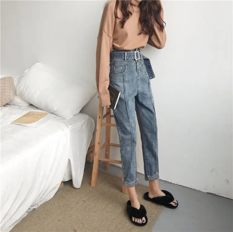 Новые осенние свободные женские синие джинсовые брюки бойфренда повседневные с